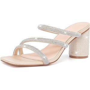 Women's Rhinestone Cream Heeled Sandals Square Toe Strappy Chunky Block Heels
